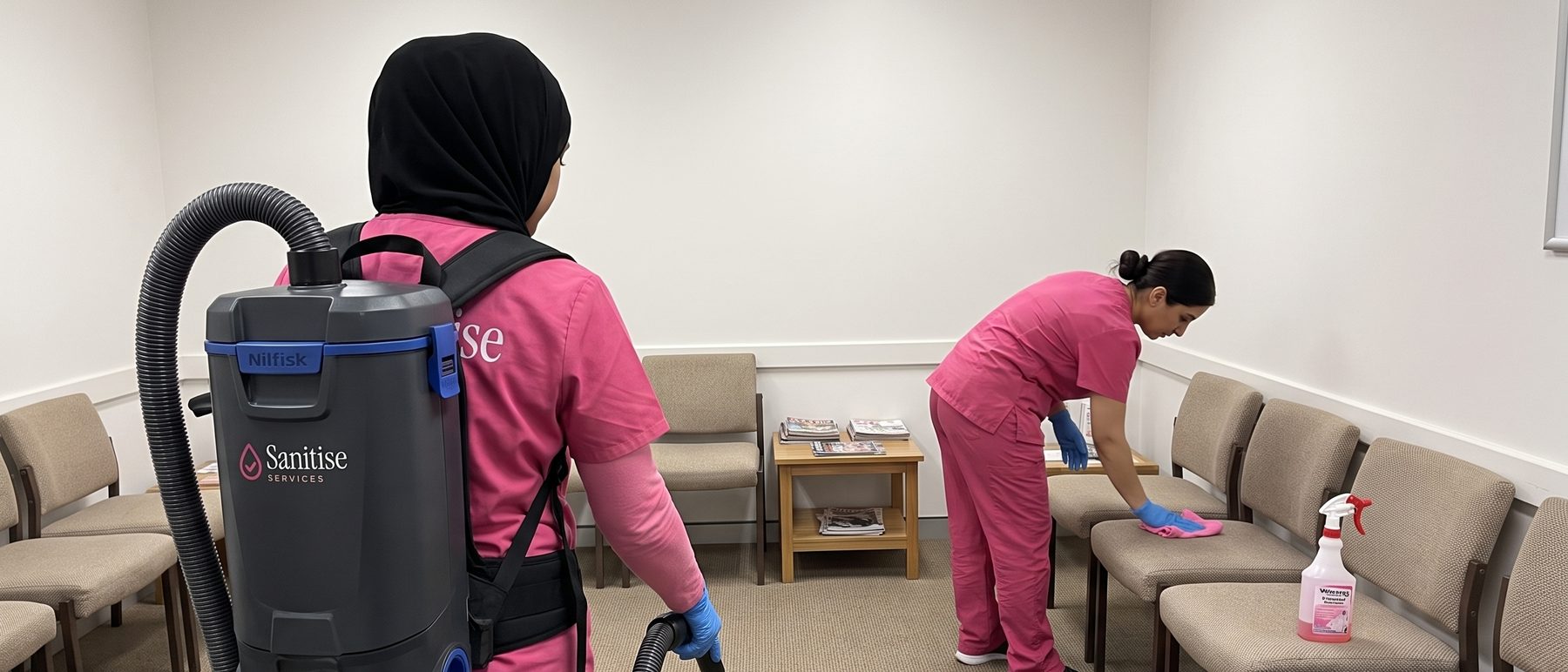 Two cleaners working through a clinic waiting room, one vacuuming with a backpack vacuum and one wiping the chairs